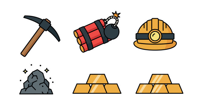 Mining vector illustration - icon set for gold mining tools and equipment in flat style