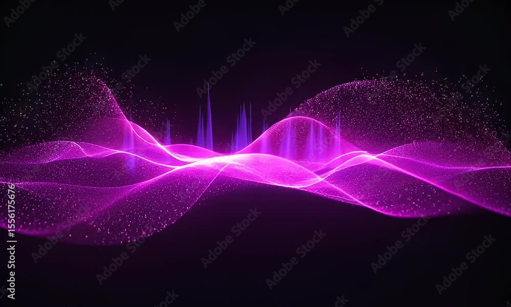 Poster abstract digital animation of flowing purple wave with particle effects against a black background