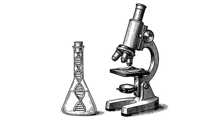 Vintage scientific vector illustration of microscope and flask with dna for educational design