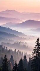 Enchanting Mountain Vista Layers of Misty Forest and Peaks at Sunset Nature's Majestic Beauty