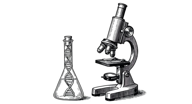 Vintage scientific vector illustration of microscope and flask with dna for educational design