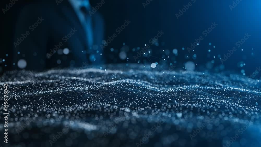 Aufkleber abstract digital blue particle surface with blurred businessman in dark background representing tech