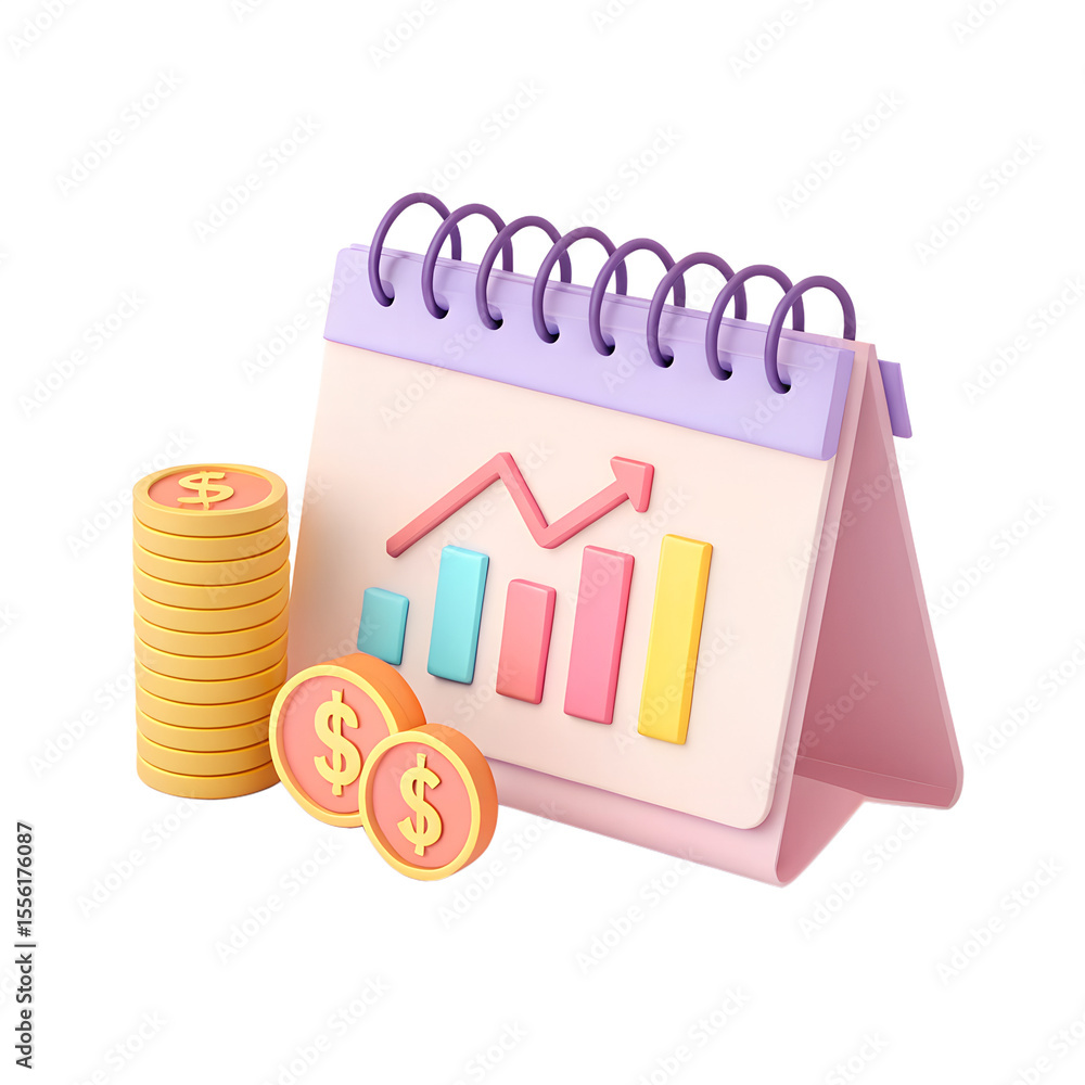 Poster a 3d render of a pink calendar with a growth chart and stacks of gold coins isolated on transparent 