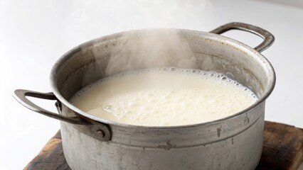 Boiling milk in a stainless steel pot with steam rising.