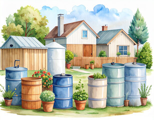 Obraz premium Rainwater Harvesting Garden Irrigation - Water Conservation Vintage Watercolor Art