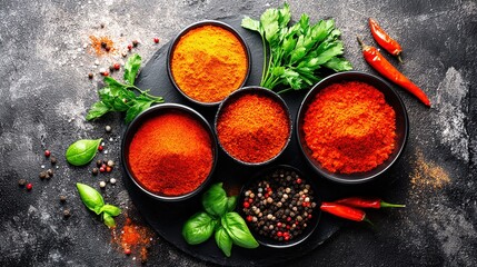 Assorted herbs and spices in artistic arrangement, celebrating natural flavors and culinary diversity