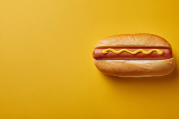 Minimalist photo of a plain hot dog with only mustard in a bun, placed on a clean, solid color background