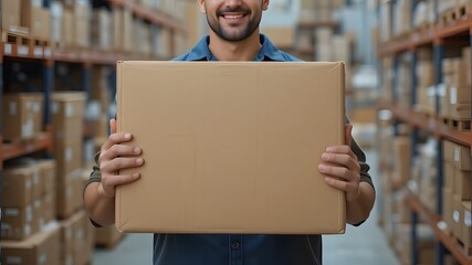 Happy Warehouse Worker Holding a Cardboard Box in a Large Warehouse