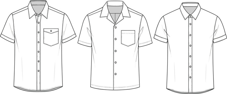 Short sleeve men’s button down shirts, front technical sketch, pocket design, fashion illustration, vector cad drawing flat vector illustration