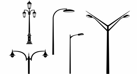This high-quality vector set features five distinct black streetlight silhouettes, showcasing ornate, curved, bifurcated, and V-shaped designs, emphasizing urban lighting and clean aesthetics.