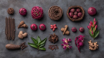 Assorted herbs and spices in artistic arrangement, celebrating natural flavors and culinary diversity