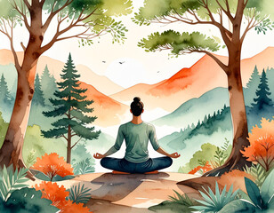 Vintage Watercolor Yoga Art - Peaceful Forest Meditation Poster