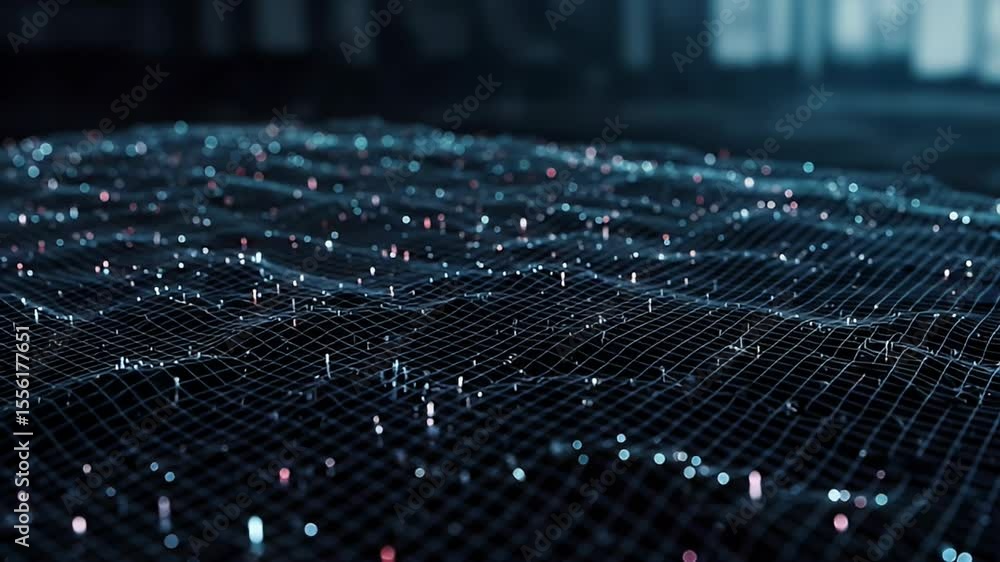 Poster abstract digital network wave surface with glowing nodes in blue tones