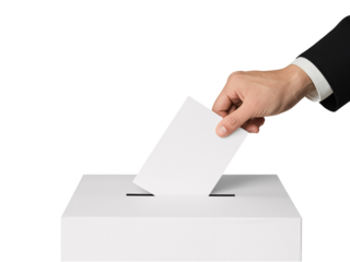 Hand casting vote in ballot box isolated on transparent background