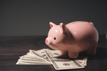 piggy bank and money on the table