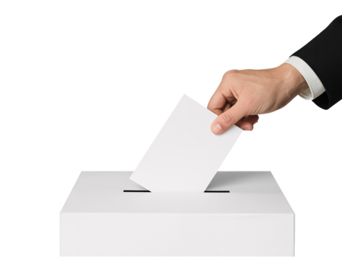 Hand casting vote in ballot box isolated on transparent background