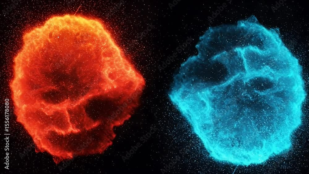 Poster abstract digital render of two glowing nebulae in space with red and blue colors