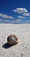 A small, light-brown snail shell rests on a vast expanse of white sand, under a vibrant blue sky with puffy white clouds.  Vast desert landscape