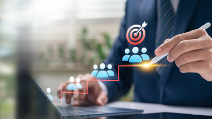 Target setting and leadership strategy. businessman managing team growth and planning for success, improving performance, success tracking, achieving goals and effective teamwork