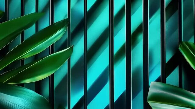 Botanical interplay: Shimmering aquamarine stripes with verdant leaf accents design - Powered by Adobe