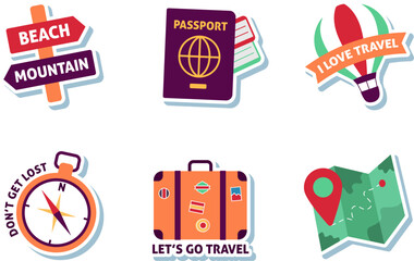 Naklejka premium Travel Stickers Beach, Mountain, Passport, Compass, Luggage & Map