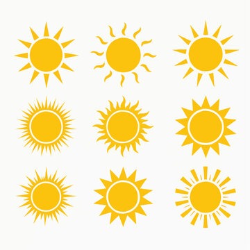 Yellow sun icon set. Flat sunshine logo summer. Simple hot sign. Sunlight burst isolated for ui, mobile. Climate symbol. Abstract silhouette solar. vector illustration.