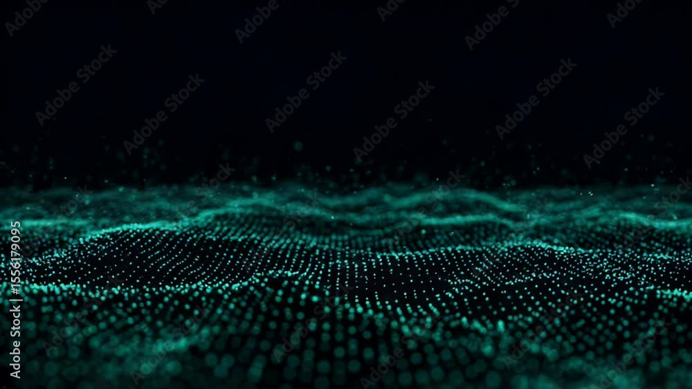 Poster abstract digital waveform animation in turquoise against dark background illustrating technological 