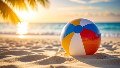 Obraz premium 夏のレジャー、砂浜と海とビーチボール、夏を感じる背景画像 Generated by AI 