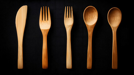 Six Light Wood Forks, Knives, Spoons on Black Background