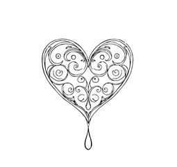 Ornate Heart with Droplet: A monochrome line art illustration of an intricately designed heart, featuring swirling floral patterns and a single teardrop, symbolizing love and emotion.