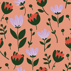 Seamless floral pattern in purple and red tones. Hand-drawn botanical vector design with stylized flowers. Perfect for textile, wrapping paper, wallpaper, and romantic decorative projects.