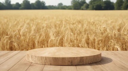 Empty wooden log on rustic table over wheat field background. Jewish holiday Shavuot mock up for design and product display 