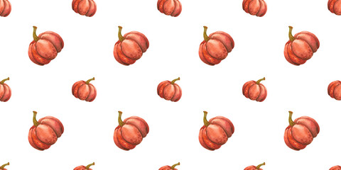 Autumn seamless pattern with orange leaves and autumn pumpkins. Hand drawn watercolor illustration of vegetables and plants on white background. For decoration of children illustration, print, textile