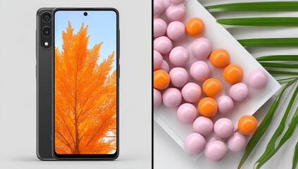 Smartphone with autumn leaf display, beside a graphic of pink and orange spheres
