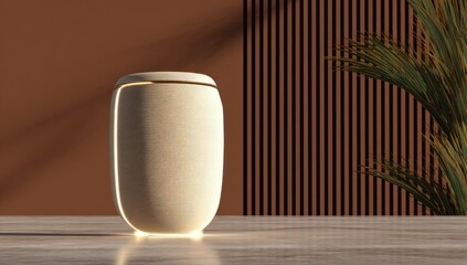 Beige smart speaker on light wooden surface