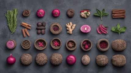 Assorted herbs and spices in artistic arrangement, celebrating natural flavors and culinary diversity