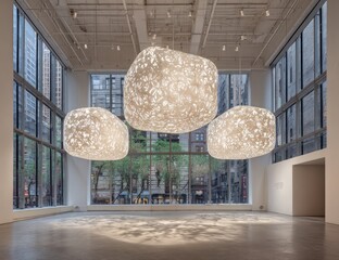 Large, light-diffusing pendants hang in a spacious, modern gallery, bathed in natural light