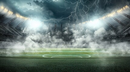 Dramatic football stadium under lightning storm and fog