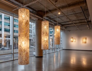 Modern art gallery with cylindrical light fixtures