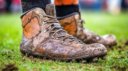 Muddy football boots on a field.  Close-up view of dirty, leather boots, covered in mud, on a grassy field.  The boots have laces and cleats