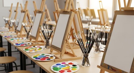 Bright and inviting art studio showcases easels, palettes, and brushes, ready for a painting class, promoting creativity and artistic learning.