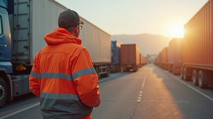 logistics worker in orange high-visibility jacket supervising truck loading at warehouse, industrial area, late afternoon sunlight, professional photo style