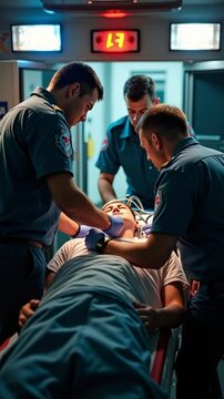 Emergency Paramedics Treating Patient Inside Ambulance

