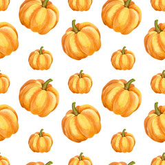 Autumn seamless pattern with orange leaves and autumn pumpkins. Hand drawn watercolor illustration of vegetables and plants on white background. For decoration of children illustration, print, textile