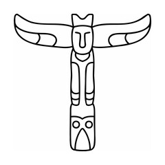 Vector illustration of a detailed black and white totem pole depicting indigenous culture