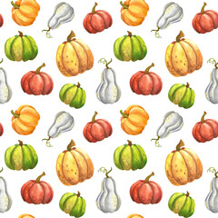 Autumn seamless pattern with orange leaves and autumn pumpkins. Hand drawn watercolor illustration of vegetables and plants on white background. For decoration of children illustration, print, textile