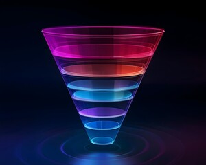 Colorful 3D Sales Funnel Diagram with Segmented Layers on Dark Background, A vibrant 3D sales funnel infographic with transparent, multicolored layers on a dark background, representing marketing
