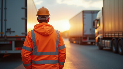 logistics worker in orange high-visibility jacket supervising truck loading at warehouse, industrial area, late afternoon sunlight, professional photo style
