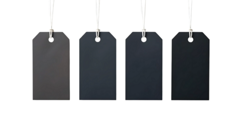 Blank Price Tags Hanging Against a Transparent Isolated Background. Four blank price tags, varying slightly in shade of dark gray/black, are hung by thin white strings.