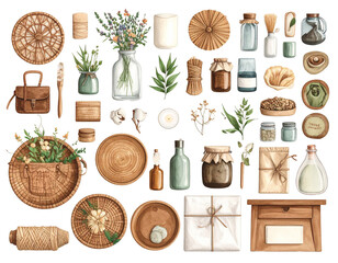 Bamboo Hemp Sustainable Materials Crafting - Eco Materials Watercolor Illustration